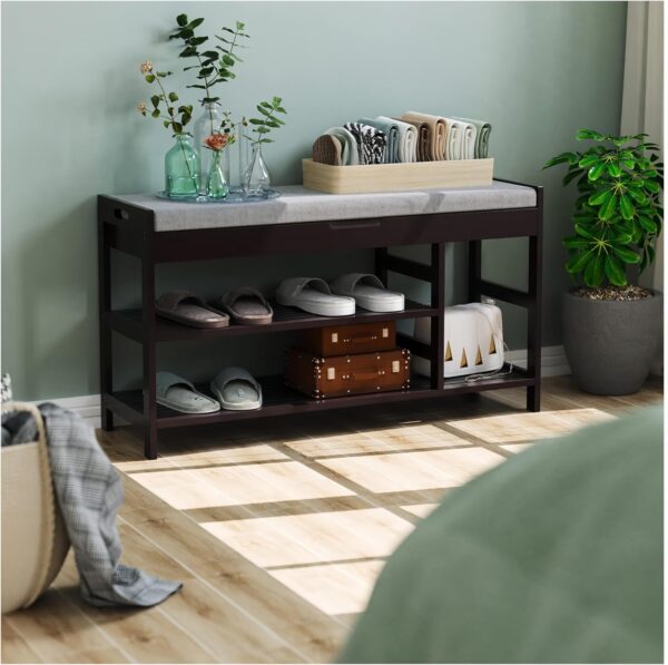 HIFIT Bamboo Shoe Bench Rack with Storage, Entryway Storage Bench with Padded Seat, Shoe Oiganizer Shelf for Entryway Mudroom Bathroom Foyer, Vintage - Image 3